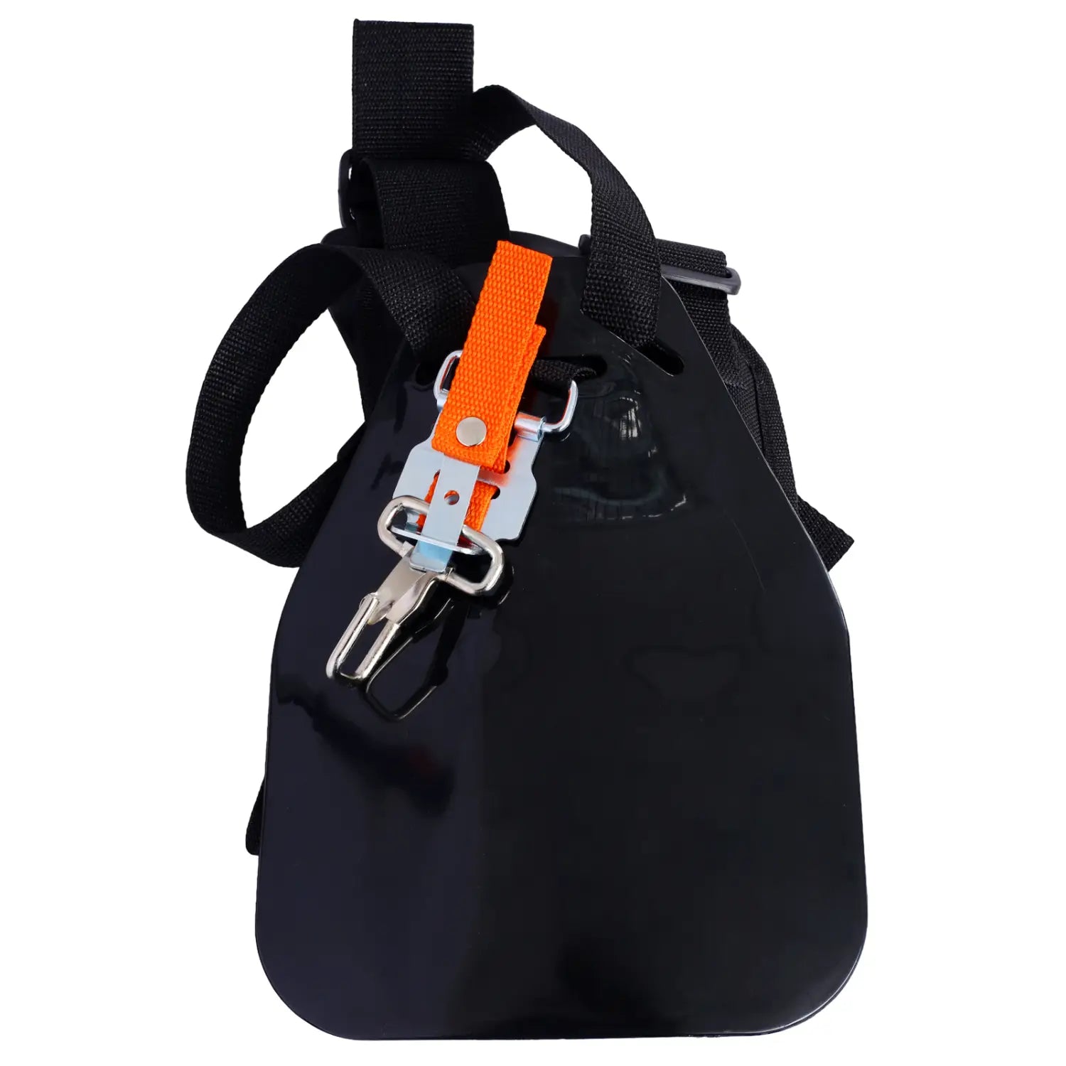 black plastic safety harness with orange strap and silver metal buckles for gas powered plastic pruning tools with adjustable handle