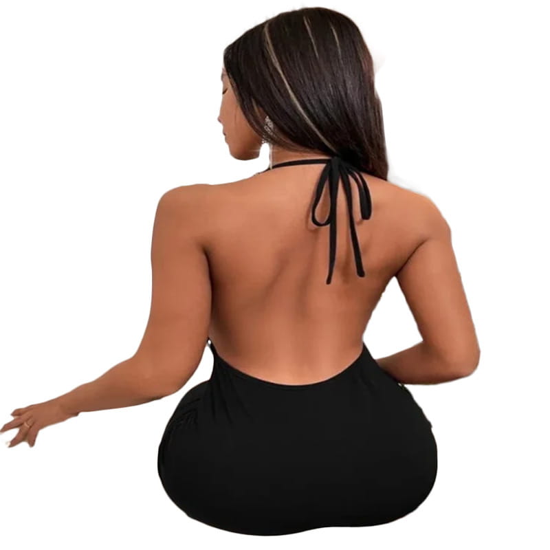 black ruched sling backless halter dress showing the back side with a black halter neck and tie detail, featuring a temperament sling backless design