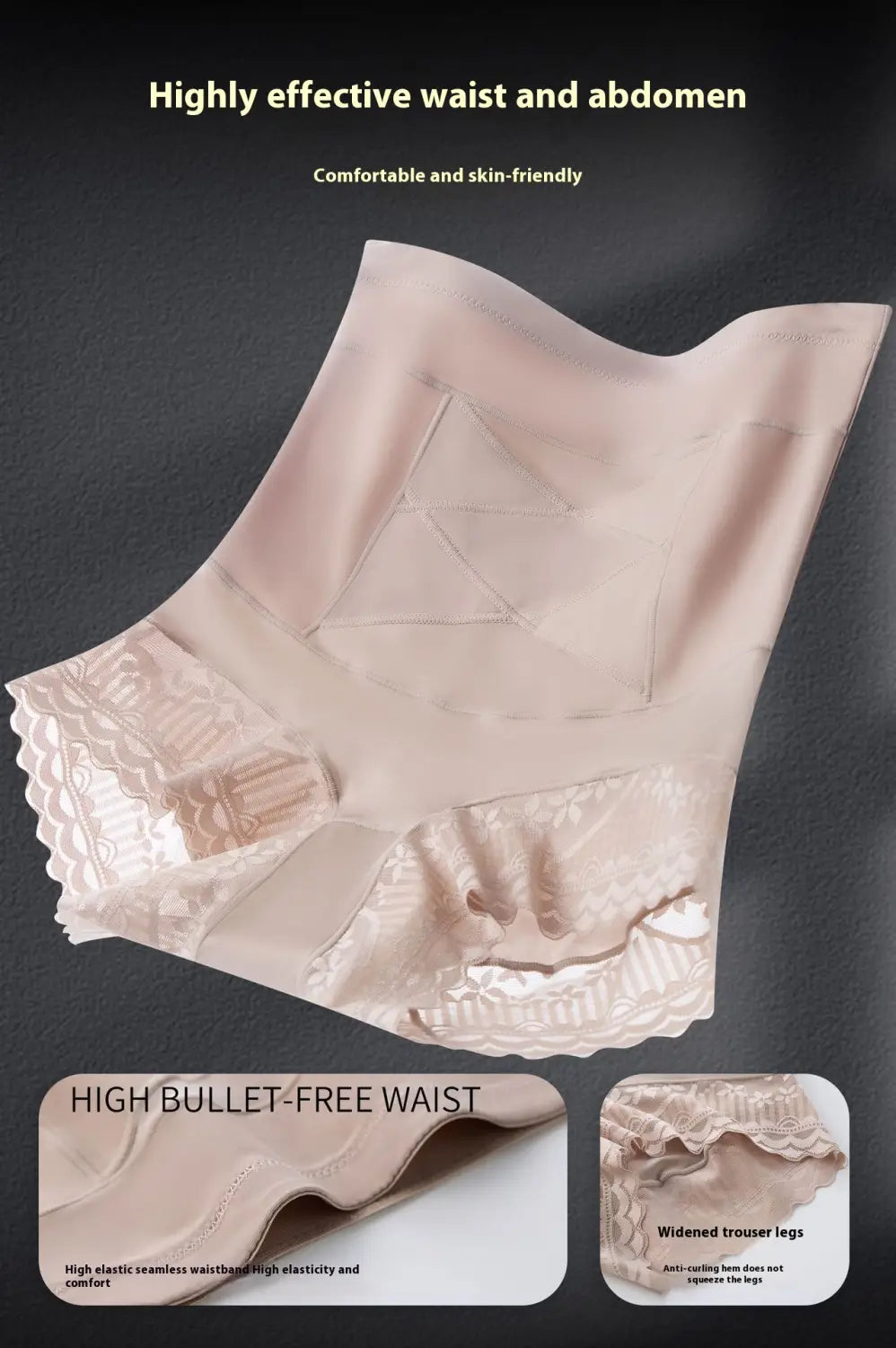 a pair of beige high waist seamless body shaping shorts with lace trim and a bullet free waistband designed for hip lifting.