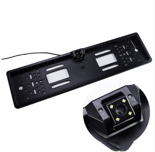 black plastic european license plate with integrated night vision camera module shown from the back side