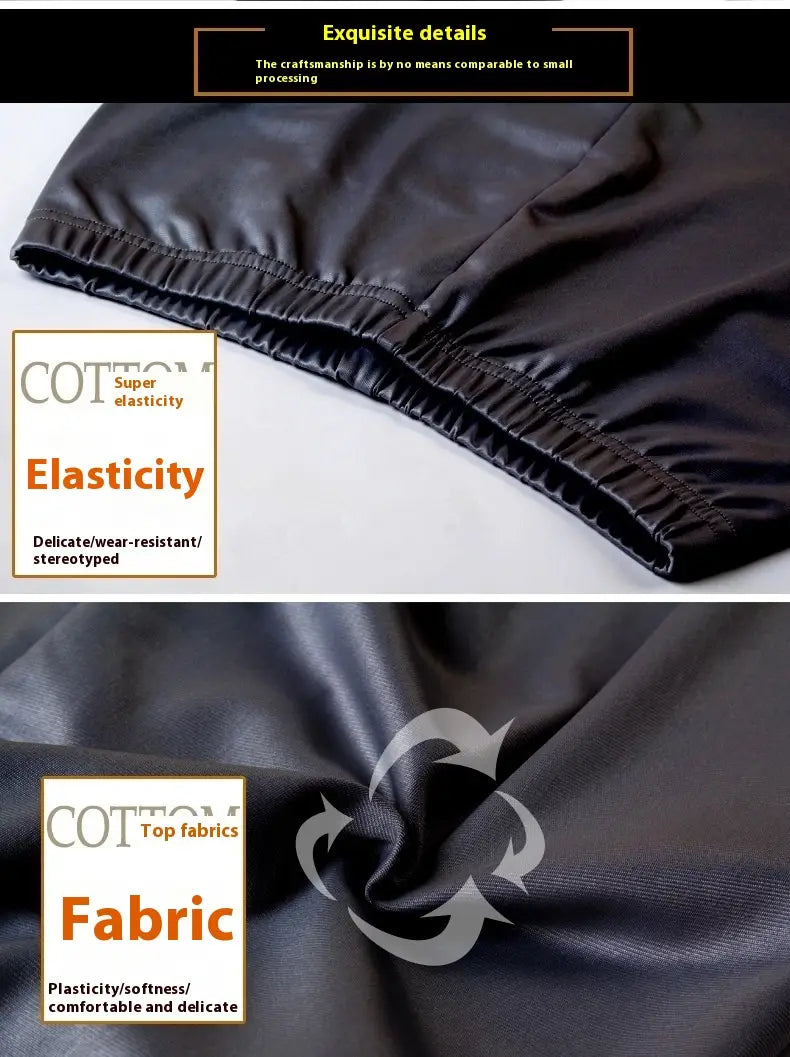 matte feet elastic plus size pants in black stretchy cotton fabric with a smooth, slightly shiny finish and elastic waistband