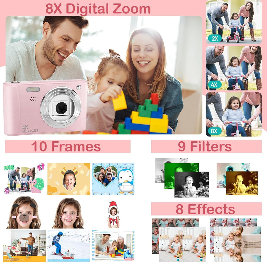 Kids Digital Camera 48MP 1080P with 32GB SD Card - Pink Christmas & Birthday Gift for Girls