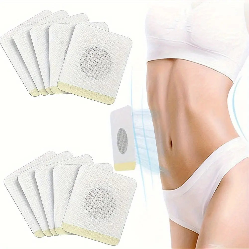 white square adhesive belly button patches with textured circular pattern and yellow backing designed for magnetic slimming navel belly button patch use