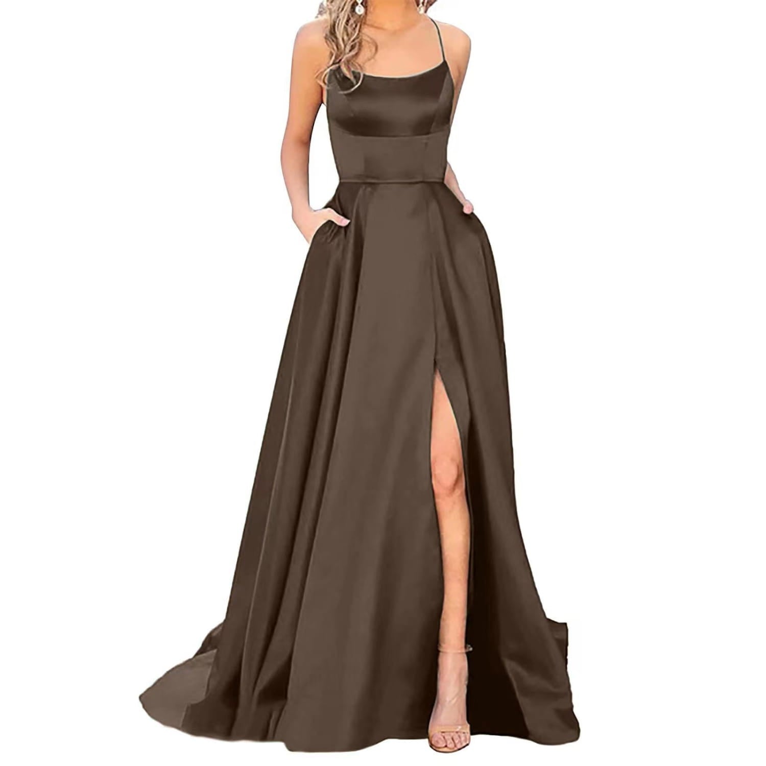 a sleek solid color long satin evening gown in brown with a square neckline and thin spaghetti straps designed for a slimming silhouette and elegant occasions