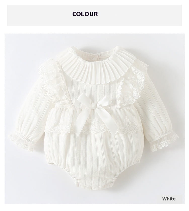 White long sleeve newborn clothes jumpsuit featuring a pleated collar, lace trim, and central bow suitable for autumn wear.