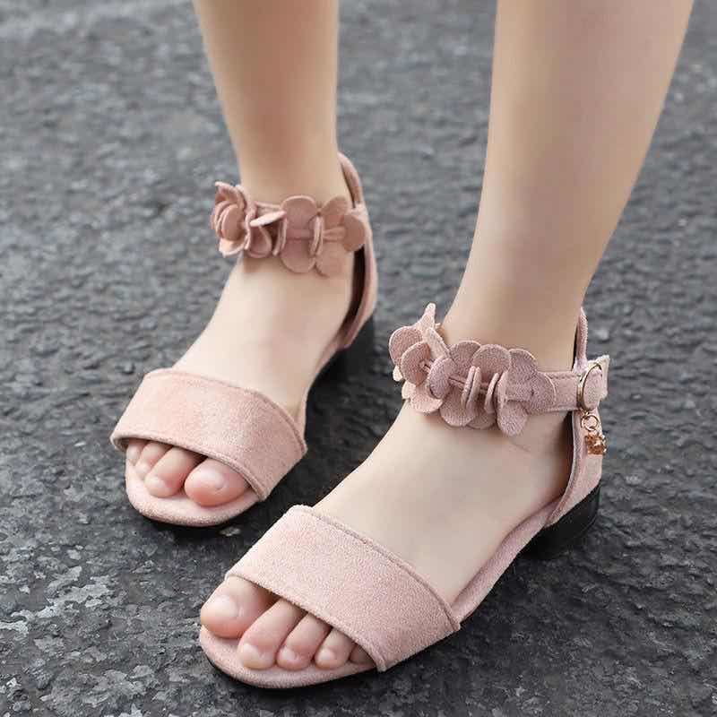 black suede floral girls sandals beach featuring pink suede floral ankle straps and a small gold-tone buckle for a beach big princess look