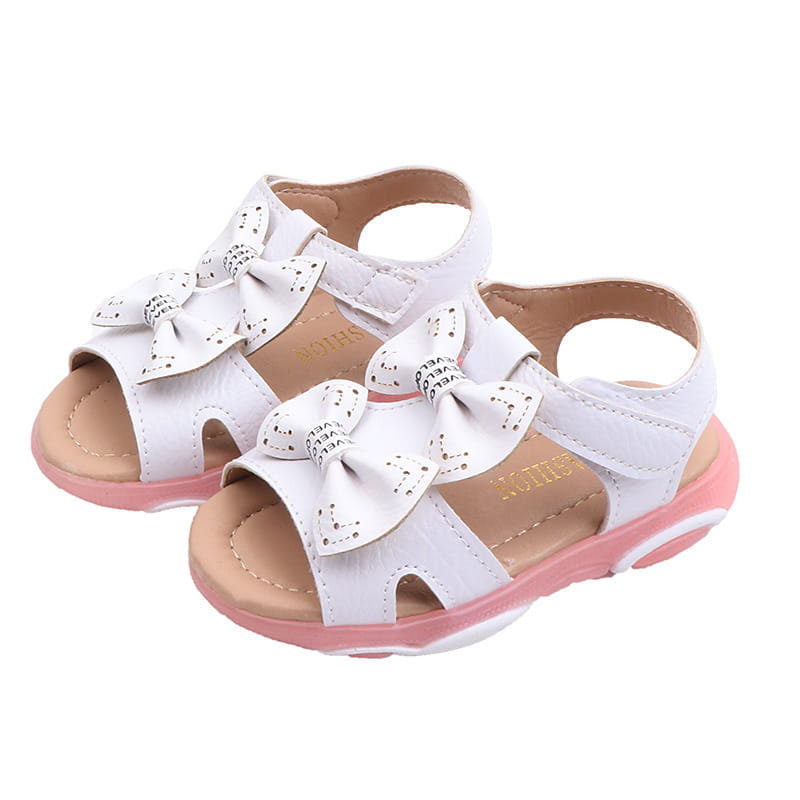 white led flashing princess shoes with bows featuring white sandals with pink soles and decorative bows on the straps for cute flower flashing style.