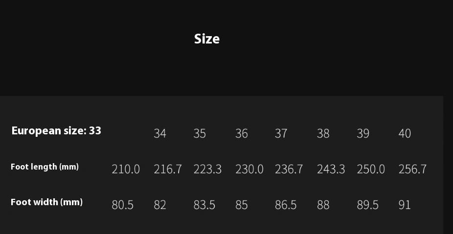 black cloth satin ruched high heels size chart displaying european sizes 33 to 40 with corresponding foot length and width measurements in millimeters
