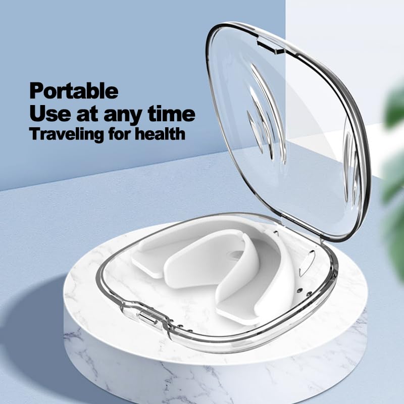 adjustable anti snoring mouth guard featuring a white dental aligner inside a clear transparent case with silver toned edges designed for effective anti snoring use.