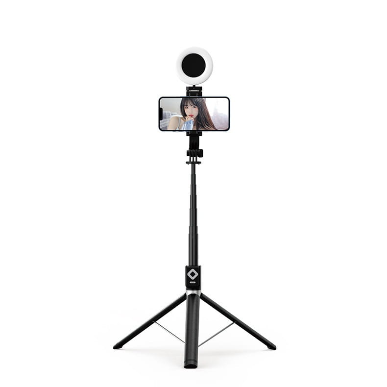 t11 rechargeable black selfie stick with built-in ring light and tripod base featuring a smartphone mounted at the top