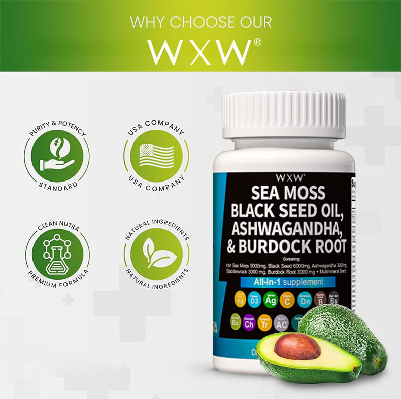 white plastic bottle with white ribbed cap labeled wxw sea moss black seed oil ashwagandha and burdock root containing seaweed capsules featured in luxury women’s fashion and plus size dresses bikinis product line.