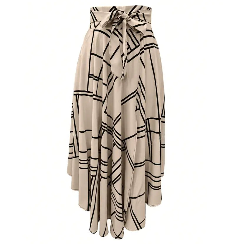 Beige high waist midi skirt with black geometric line pattern and tied waistband designed as a simple daily slit skirt for solid color simple wear.