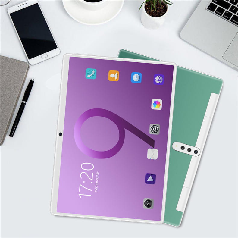 White-framed smart android entertainment 3g calling tablet pc with a vibrant purple screen displaying the time 17 20 and various app icons.