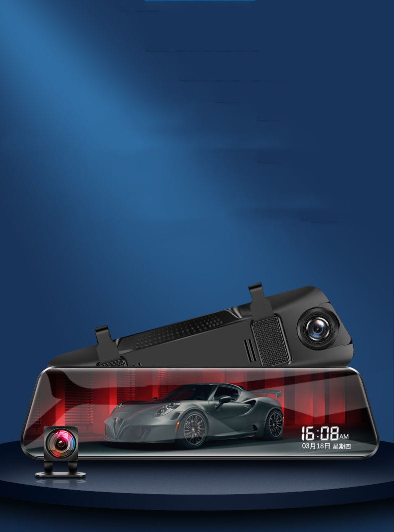 black rearview mirror camera with integrated display showing a silver sports car and digital time and date featuring night vision dual lens technology