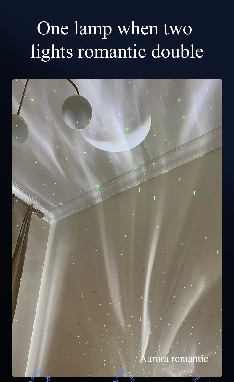 A sleek modern double effect northern lights projector lamp with a minimalist spherical design casts soft white light and green starry patterns across the room.