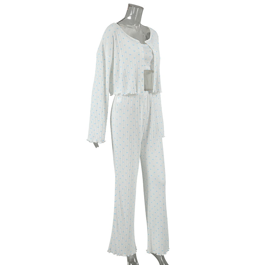 white pleated pajama set with subtle light blue polka dots and matching cropped cardigan featuring knitted heart printing ribbed loungewear design for heart printing comfortable wear