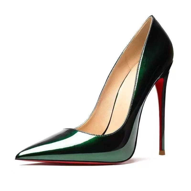 Emerald green patent leather christian louboutin high heels featuring a stiletto pointed toe and signature red sole suitable for pointed toe professional looks.