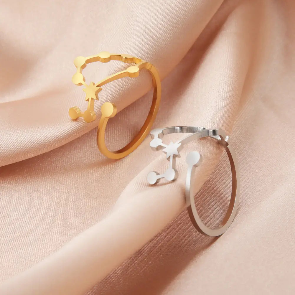 personalized stainless steel open rings in gold and silver featuring constellation-themed star and dot designs