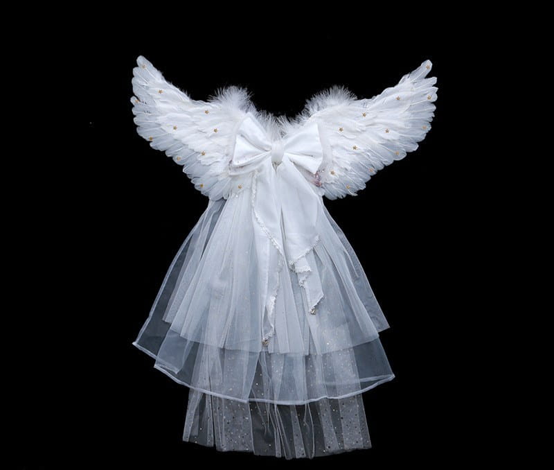 white angel wings costume with layered tulle skirt and feathered wingtips adorned with sparkling embellishments for halloween performance costume props in the black star feathered halloween performance costume collection.