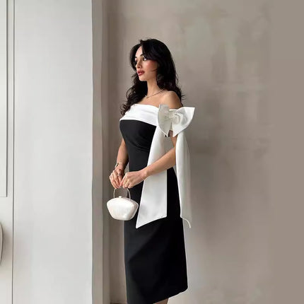 Women's Off-shoulder Bow Black And White Color Matching Elegant Cocktail Dress - Royalessencelux
