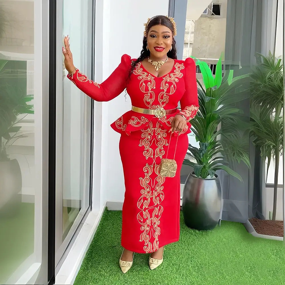 red long-sleeved peplum dress featuring gold ornate embroidery and a matching gold belt, ideal for luxury rhinestone beaded formal occasions.