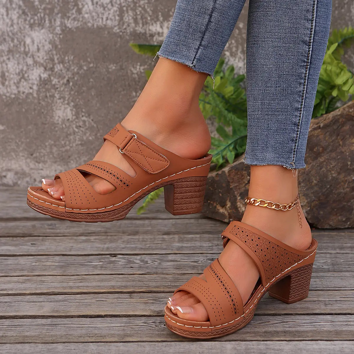 Tan leather summer casual chunky heel sandals feature perforated straps and a textured block heel perfect for slides shoes summer.