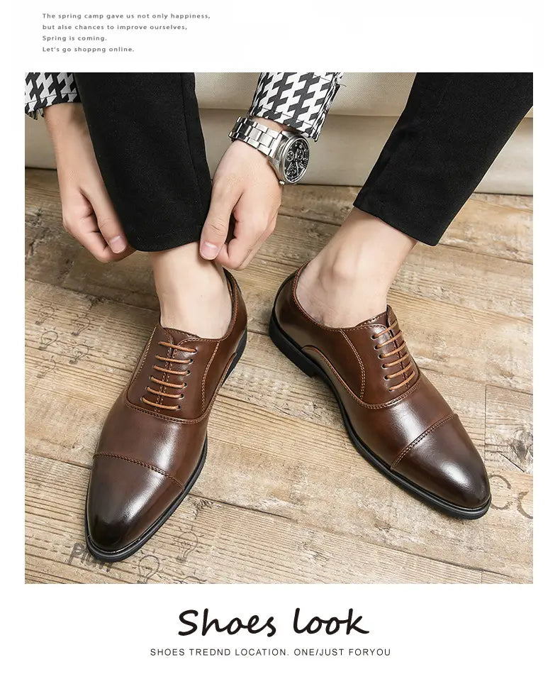 Brown leather plus size casual cap toe oxford shoes with matching laces and size casual leather design.