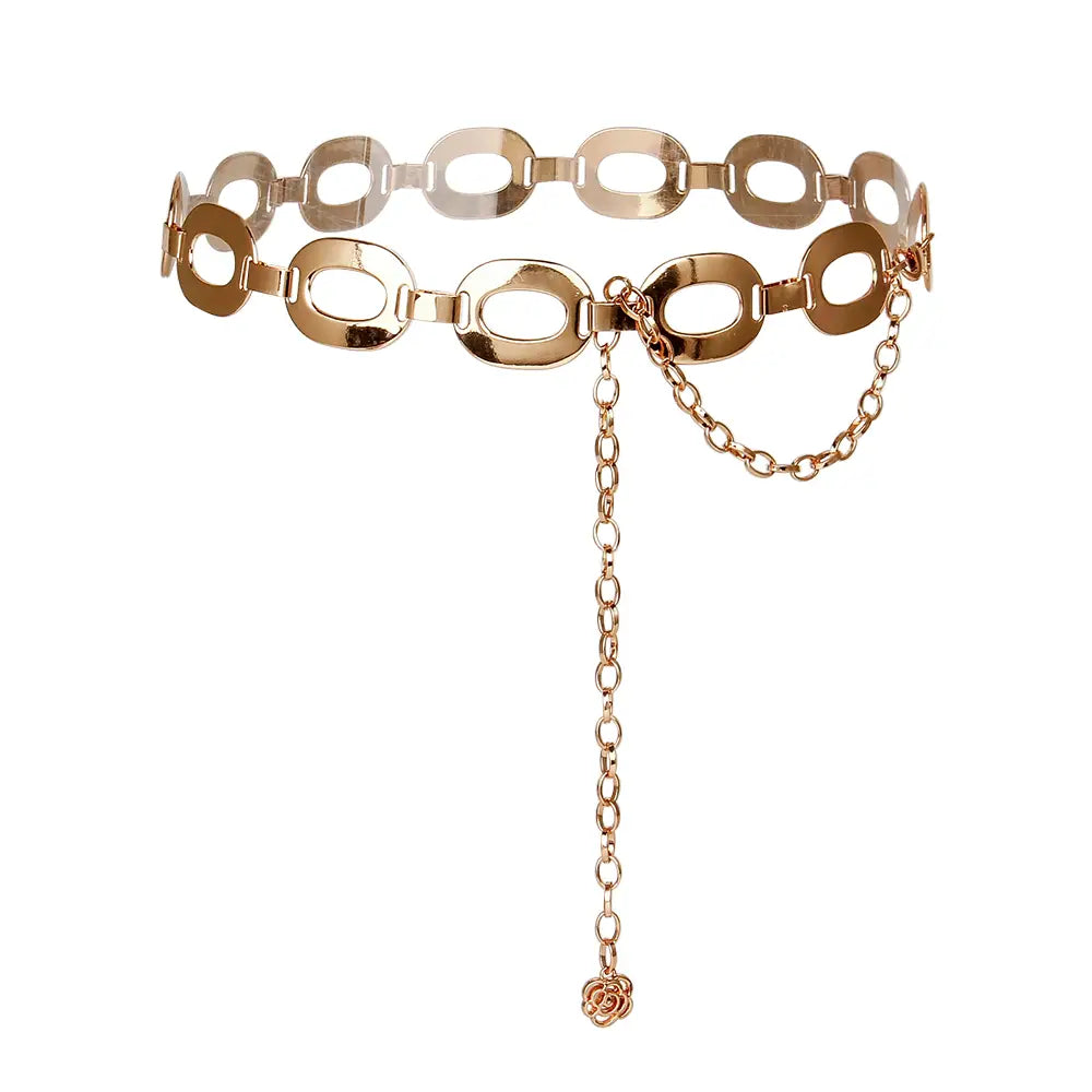 Gold-toned metallic waist chain with a double-layered oval link design and a dangling rose charm perfect as summer jewelry waist chain.