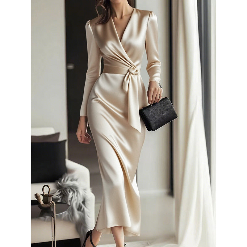 Women's Burgundy Satin V-Neck Long Sleeve Belted Bodycon Midi Cocktail Dress