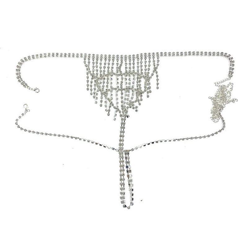 Silver rhinestone waist chain jewelry featuring a cascading crystal strand design with a central vertical drop.