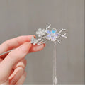 Silver celestial moonstone xingx hairpin with rhinestones, moonstone blossoms, crescent moon chain, and pearl drop for updo moonstone styles