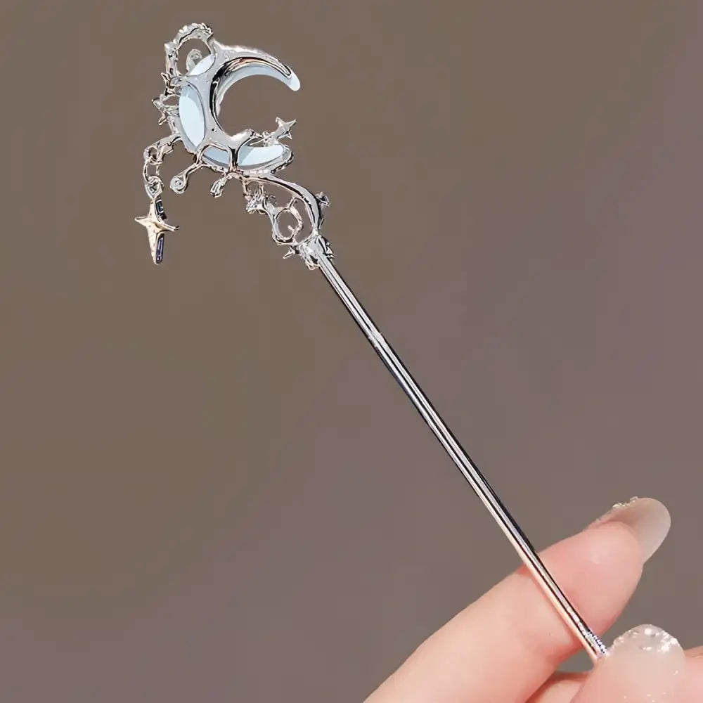 Silver celestial moonstone xingx hairpin with crescent moon charm and delicate stars on a slender metallic stem for updo moonstone styles