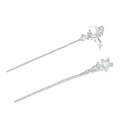 Silver hairpins from celestial moonstone xingx featuring delicate crescent moon and stars with light blue opal stones
