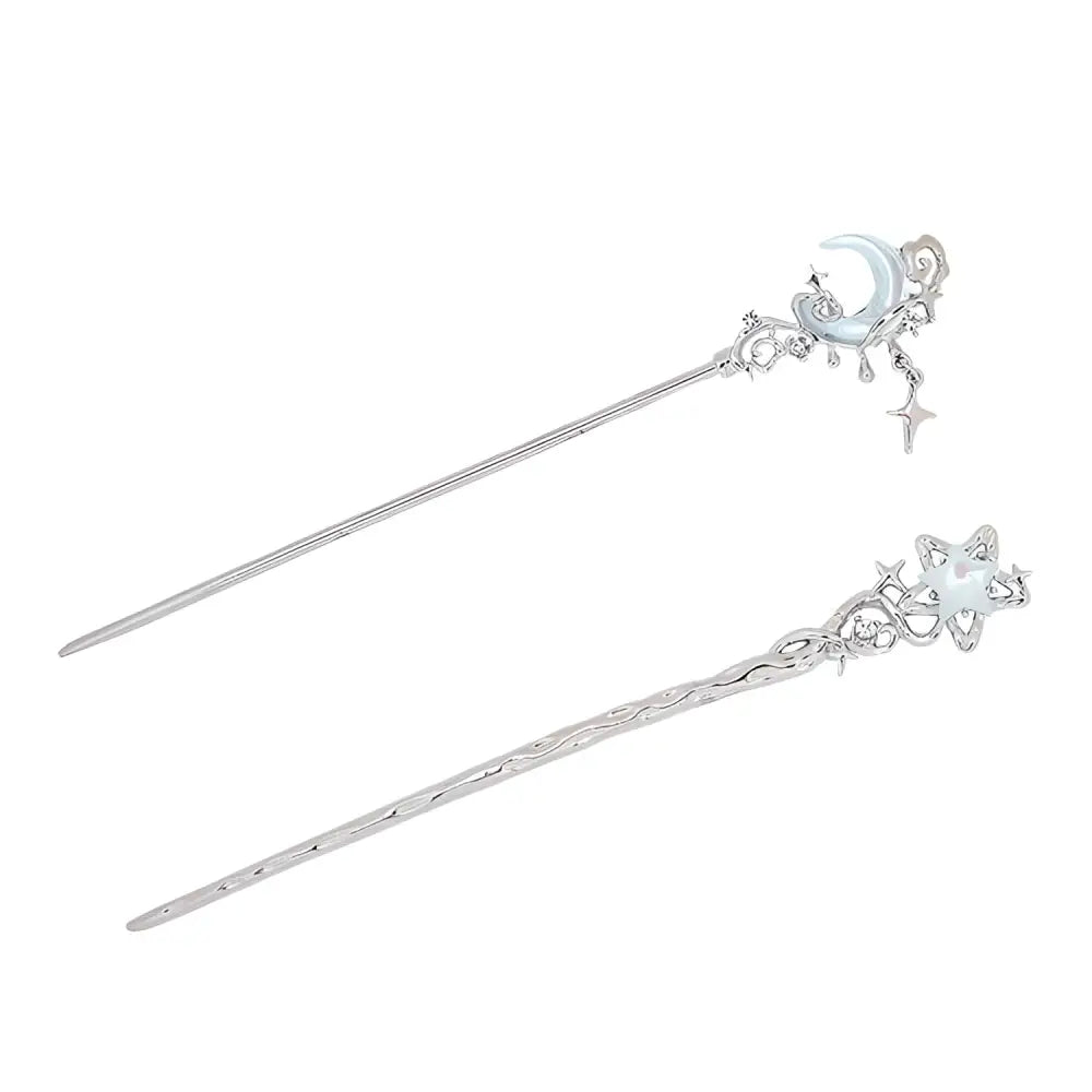 Silver hairpins from celestial moonstone xingx featuring delicate crescent moon and stars with light blue opal stones