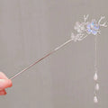 Silver celestial moonstone xingx floral hairpin with sparkling crystals and dangling white pearl teardrops for updo moonstone styling