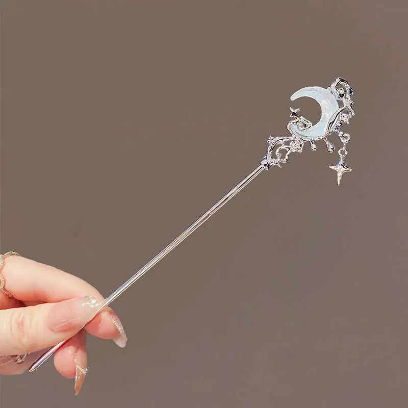 Delicate silver celestial moonstone xingx hairpin with crescent moon jade inlay and star charms for elegant updo moonstone styles