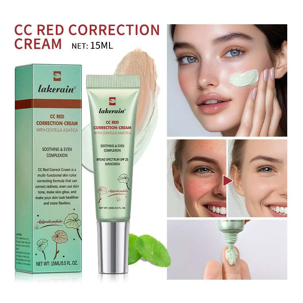 Lakerain centella asiatica cc cream red correction cream in green tube with silver cap and broad spectrum spf 25