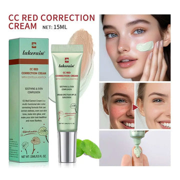Lakerain centella asiatica cc cream red correction cream in green tube with silver cap and broad spectrum spf 25