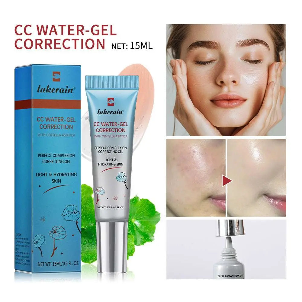 Lakerain centella asiatica cc cream correcting gel in a sleek silver tube with blue floral design for light hydrating skin