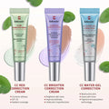 Three sleek silver-topped tubes of lakerain centella asiatica cc cream concealer in green purple and blue hues