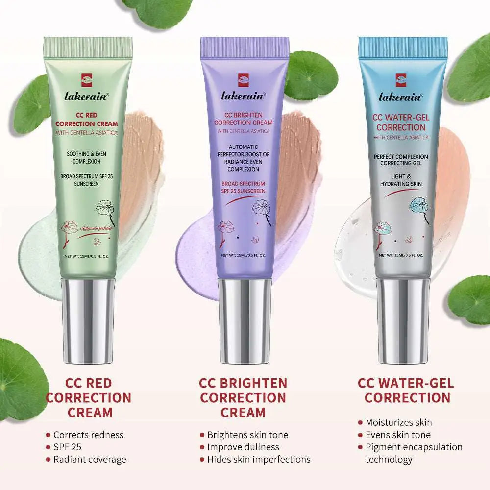 Three sleek silver-topped tubes of lakerain centella asiatica cc cream concealer in green purple and blue hues