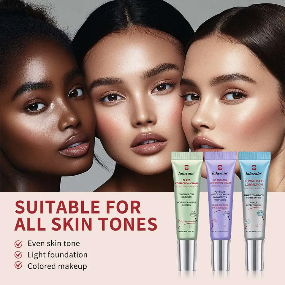 Three sleek translucent tubes of lakerain centella asiatica cc cream concealer in green purple and blue with silver caps