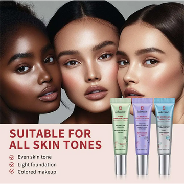 Three sleek translucent tubes of lakerain centella asiatica cc cream concealer in green purple and blue with silver caps