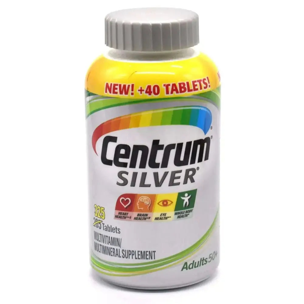 Centrum Silver adult multivitamin bottle with yellow white rainbow label and gray cap for daily supplement use