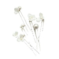Delicate white ceramic flower pearl embellished bridal hairpin with silver-toned twisted metal stems