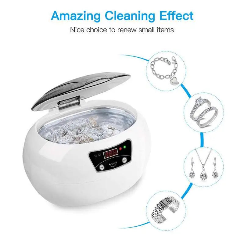 White oval-shaped ceramic ultrasonic cleaning machine with silver lid and digital control panel for precise cleaning