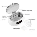 White oval-shaped ceramic ultrasonic cleaning machine with stainless steel tank and digital display transparent lid