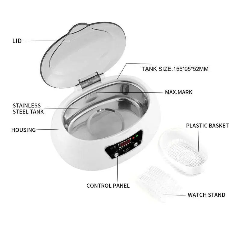White oval-shaped ceramic ultrasonic cleaning machine with stainless steel tank and digital display transparent lid