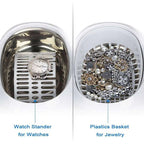 Silver watch stander with white dial and diamond accents designed for securely holding watches alongside ceramic ultrasonic cleaning machine
