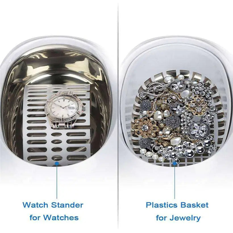 Silver watch stander with white dial and diamond accents designed for securely holding watches alongside ceramic ultrasonic cleaning machine